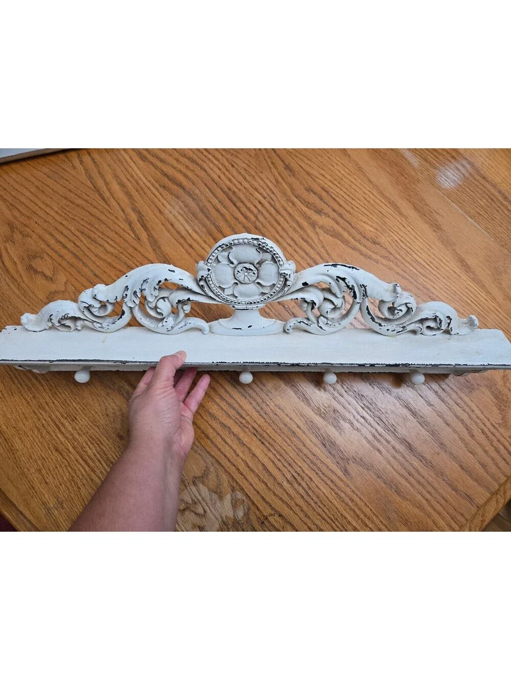 Vtg style Shabby Chic White Wall Shelf Hook Rack Distressed Floral Medallion 24